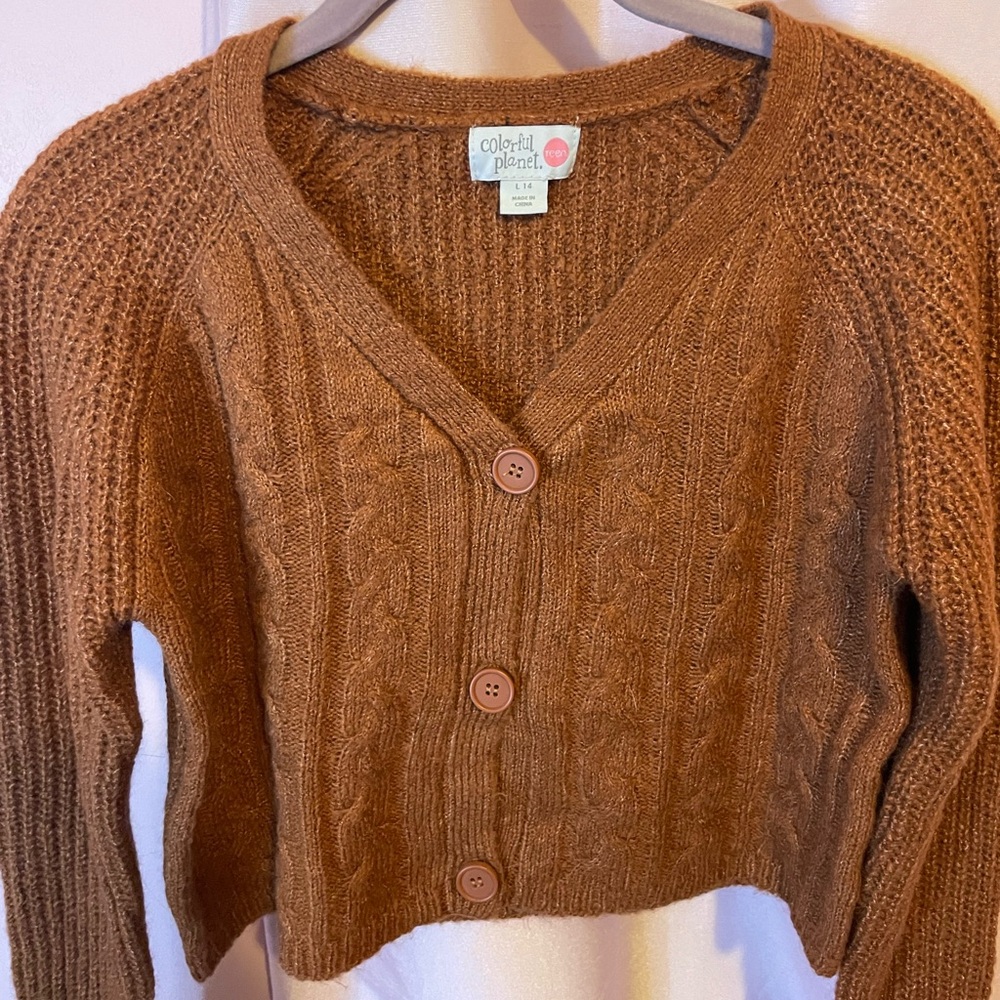 colorful planet size small brown crop button down cableknit